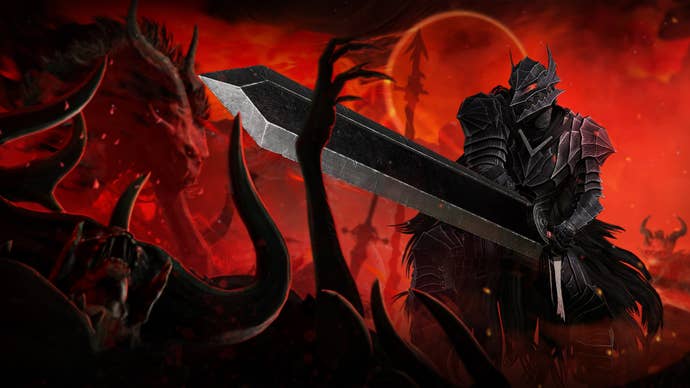 Key art for the Berserk collab in Diablo 4 showing a character wearing Guts' armour.