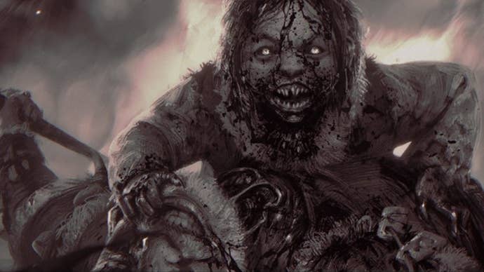 A vampiric creature with a scarred face hisses at the camera while holding down an elderly-looking man it’s apparently in the middle of eating.