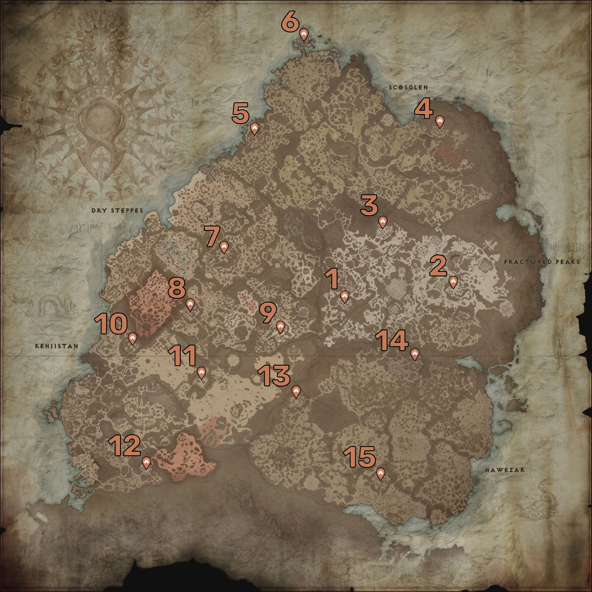A map of Diablo 4 with the locations of all 15 Strongholds marked and numbered. - 4