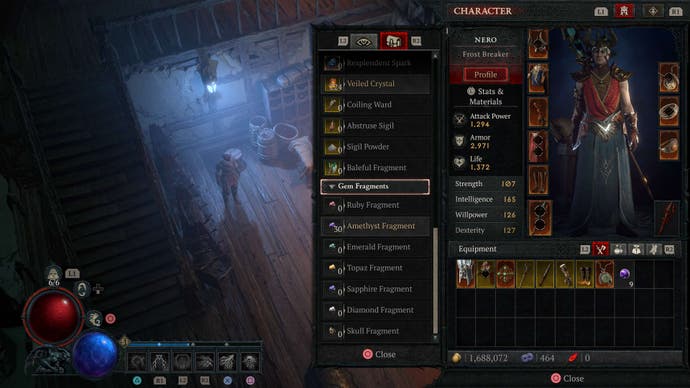 The Gem Fragments menu within the Materials section of the character screen, where Gem Fragments are now stored - a change as part of an overhaul made in Season 2 of Diablo 4.