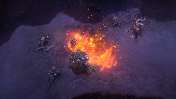 Some characters and some fire in Diablo 4’s Vessel of Hatred expansion.