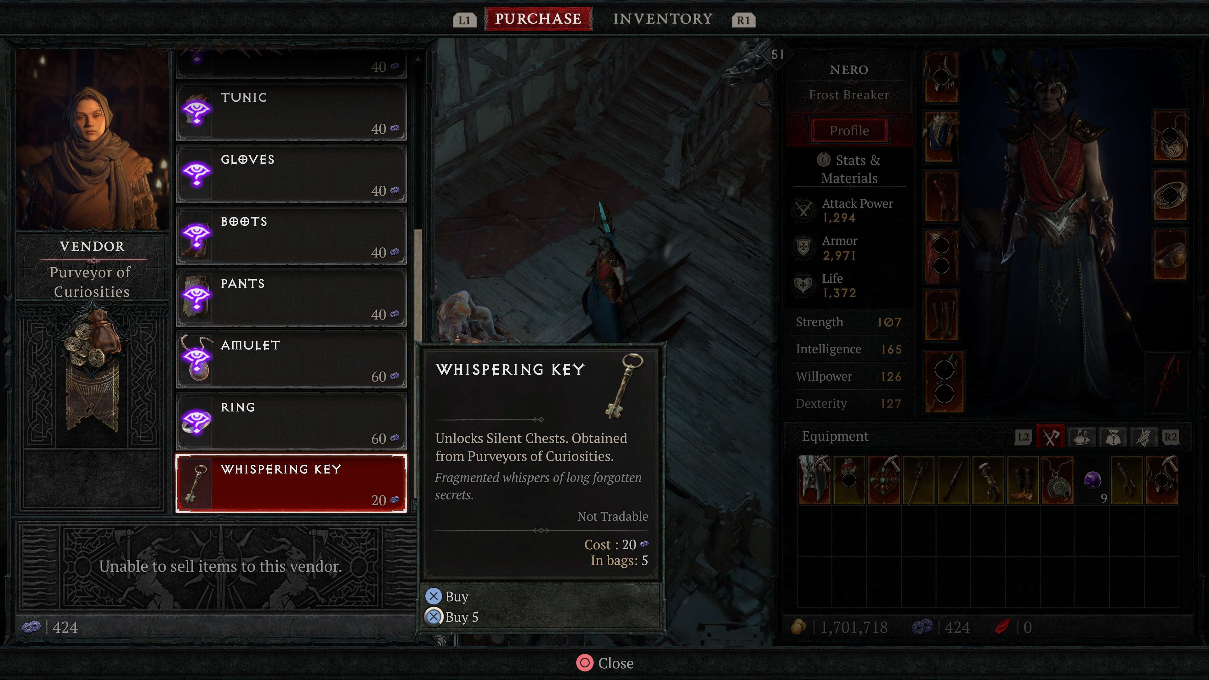 The Purveyor of Curiosities vendor screen in Diablo 4, showing various items to purchase including Whispering Keys to open Silent Chests.