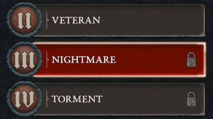 Three of the four world tiers in Diablo 4.