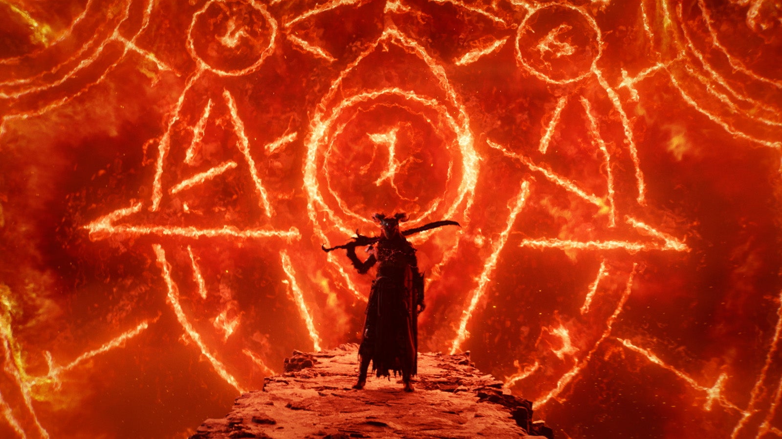 A fiery orange screenshot showing a pentagram-filled sky with a silhouetted character standing on a rocky ledge.