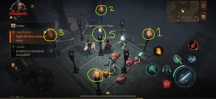 A Necromancer solving the 9 Lamps puzzle in Diablo Immortal