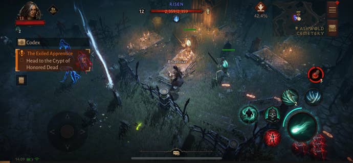 A Necromancer in Diablo Immortal fighting three Blue Skull Risen