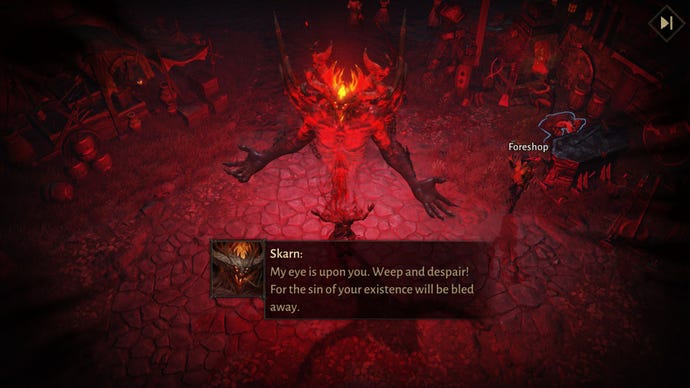 A boss called Skarn in Diablo Immortal; a big red demon in the centre of the screen projected from a dead body, saying ‘My eye is upon you. Weep and despair! For the sin of your existence will be bled away.'