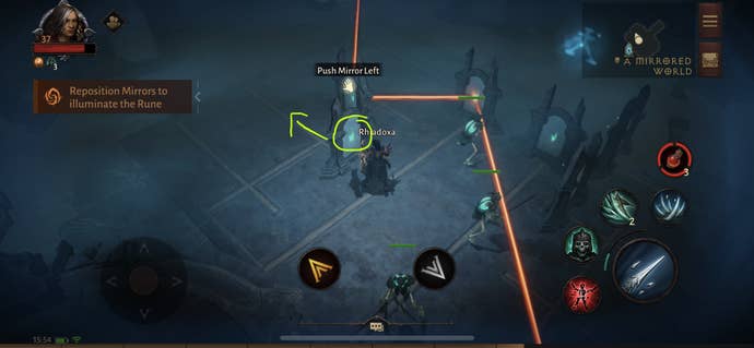 A Necromancer moving a mirror into the right position for a puzzle in Diablo Immortal