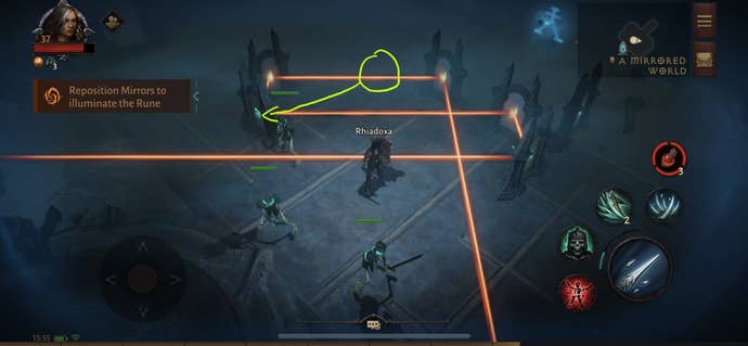 A character sliding a mirror to direct a beam of light in Diablo Immortal