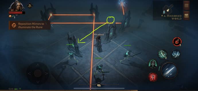 A Necromancer changing the path of a beam of light with a mirror in Diablo Immortal