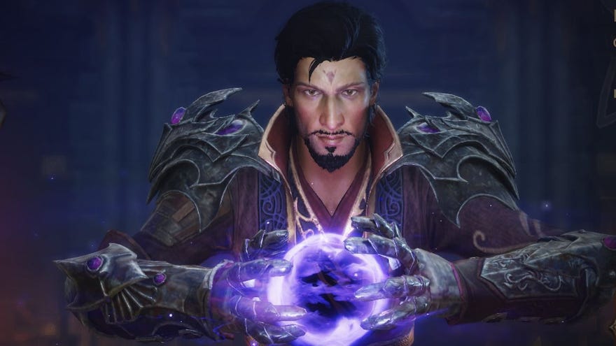 The Wizard in Diablo Immortal from the character class selection screen. He’s a cool lad holding a big purple magic orb between his hands