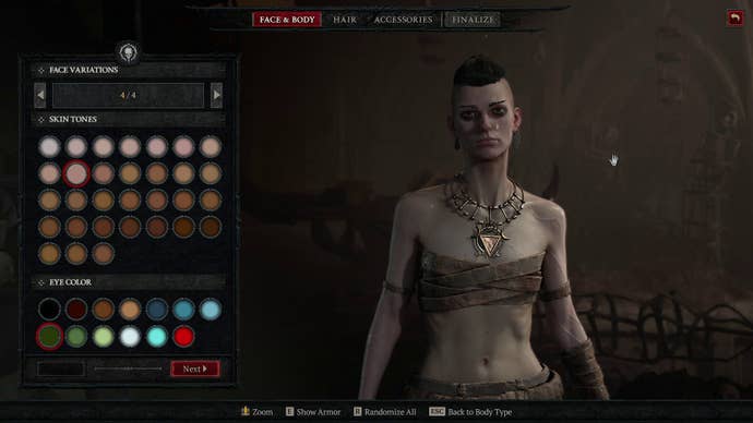 Diablo IV’s character creation screen, mid creation of a necromancer (a very thin woman with a partially shaved head