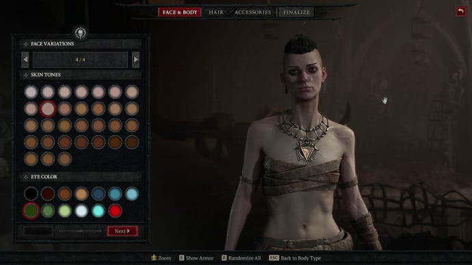 Diablo IV’s character creation screen, mid creation of a necromancer (a very thin woman with a partially shaved head