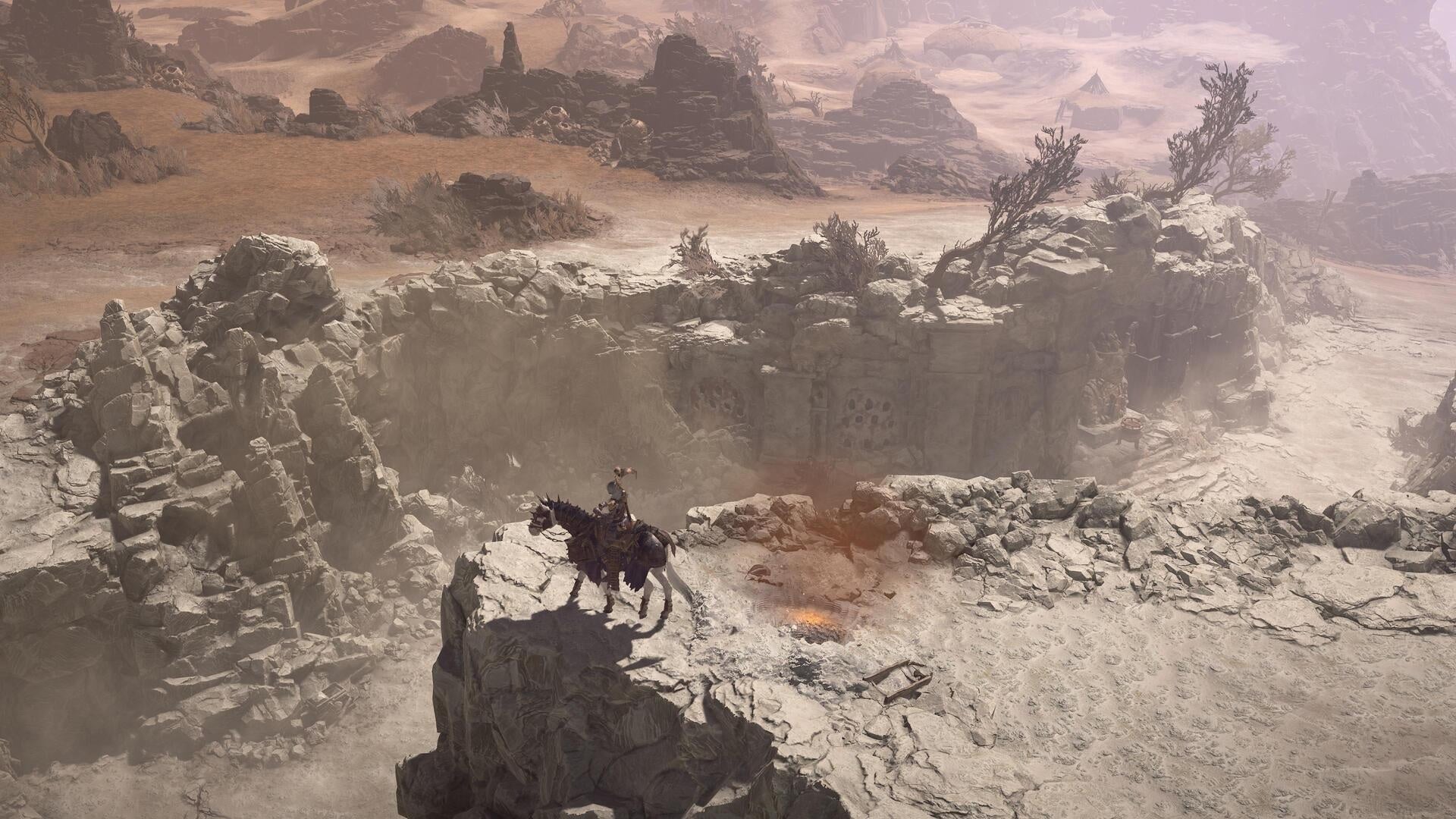 Diablo 4 character on horse overlooking chasm. - 7