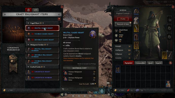 Diablo 4 Season 1 screen showing the malignant item crafting UI, hovering over Brutal Caged Heart item.