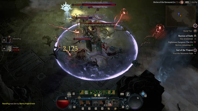 Diablo 4 Season 1 screen showing a chaotic fight with an Elite Stormy Knight Errant