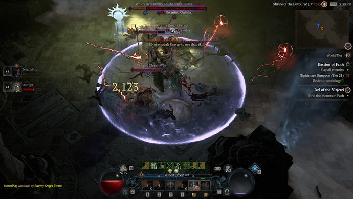 Diablo 4 Season 1 screen showing a chaotic fight with an Elite Stormy Knight Errant