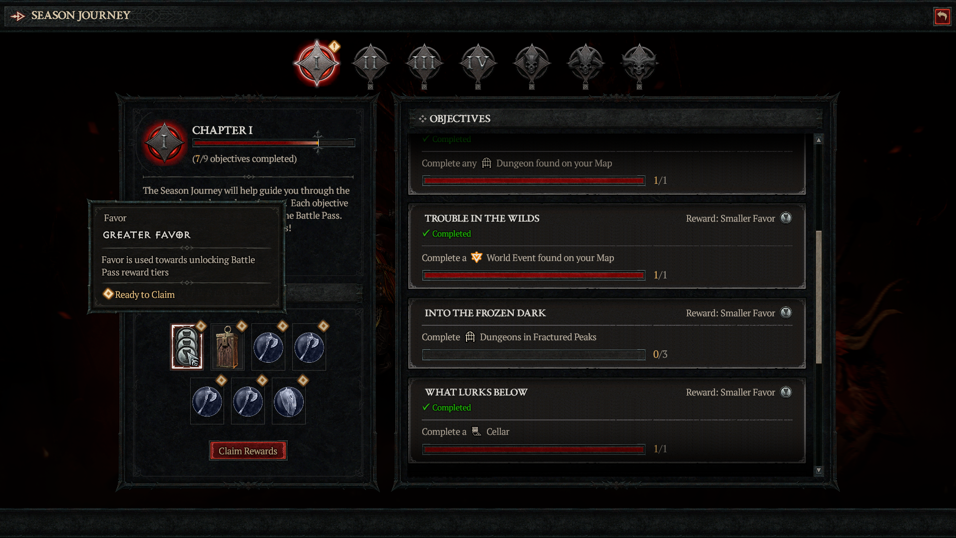 Diablo 4 Season 1 screen showing the season journey screen with seven chapters, and nine objectives on the first, mostly completed