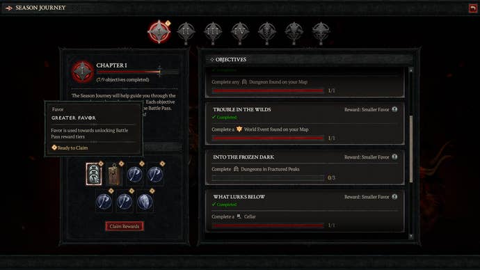 Diablo 4 Season 1 screen showing the season journey screen with seven chapters, and nine objectives on the first, mostly completed