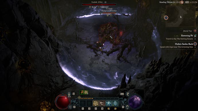 Diablo 4 Season 1 screen showing a fight with an elite enemy called Kuubak in a dark purple forest with a dome shield active