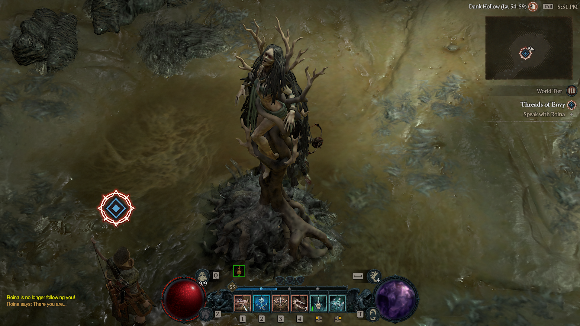 Diablo 4 Season 1 screen showing a tower made of a corrupted woman in a snot-green swamp