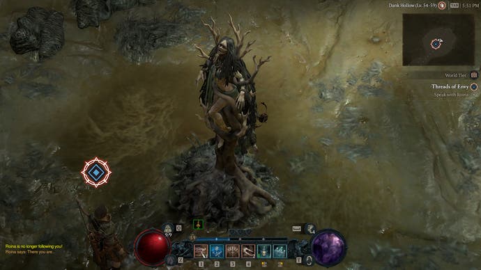 Diablo 4 Season 1 screen showing a tower made of a corrupted woman in a snot-green swamp