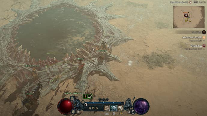 Diablo 4 Season 1 screen showing several characters waiting by a large fanged orifice in the ground waiting for a world event to start