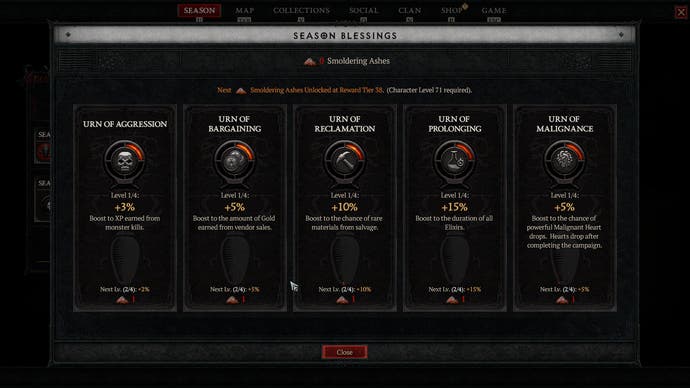Diablo 4 Season 1 screen showing the season blessings page with seven available, granting various bonuses for various costs