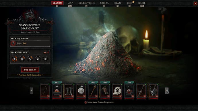 Diablo 4 Season 1 screen showing battle pass highlighting a pile of ash
