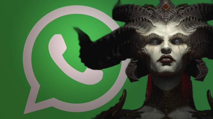 Lilith from Diablo 4 arsenic a cutout implicit the apical of a greenish Whatsapp logo