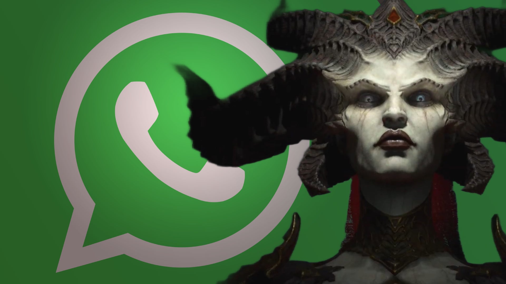 Lilith from Diablo 4 as a cutout over the top of a green Whatsapp logo - 1
