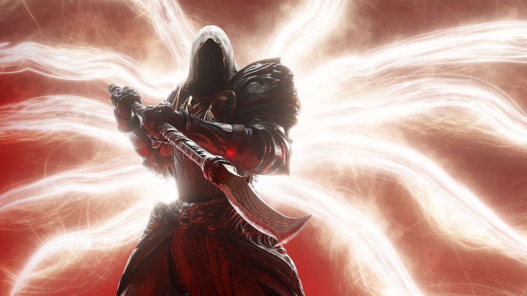 A hooded angel in Diablo 4, with gleaming wings, thrusts a glaive weapon towards the camera