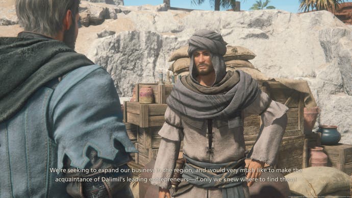 A dialogue scene featuring a merchant in the desert from FF16.