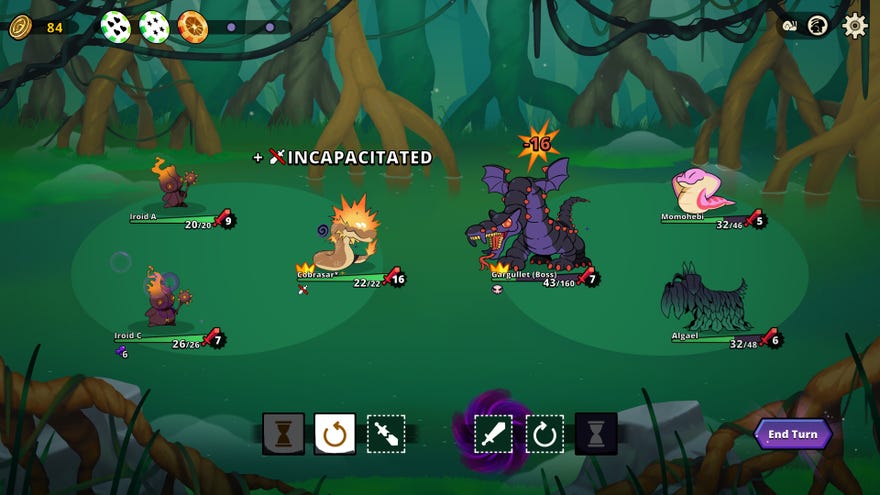 Dicefolk gameplay showing a chimera battle with one monster incapacitated