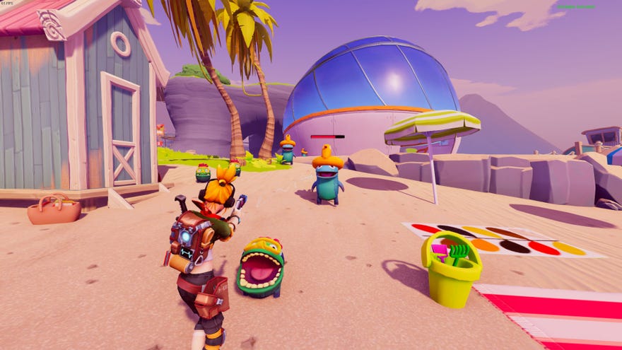 Die After Sunset - A character aims at a small green monster standing on a beach