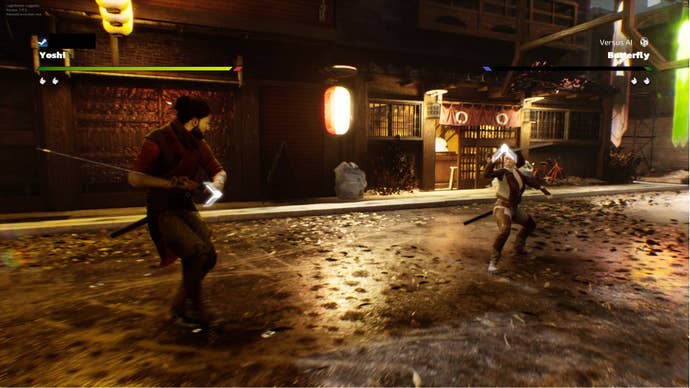 Screenshot of Die by the Blade gameplay with name blurred out, two characters swing swords at eachother.