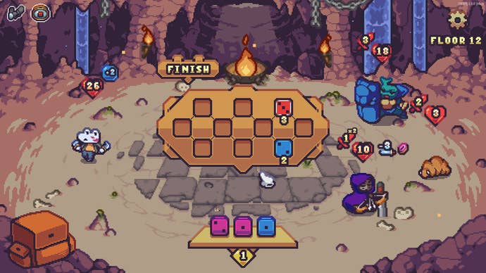 A screenshot from Die in the Dungeon: Origins, showing the pixelated interior of a cave with characters on the right and left of the screen facing off against each other. In the middle are dice - dice that decide who wins and who loses.