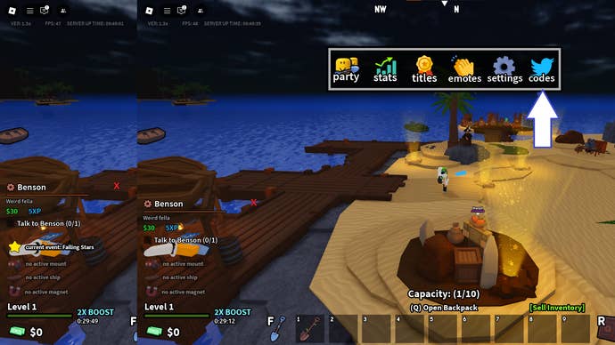 A screenshot of Dig It in Roblox showing the game’s codes button.