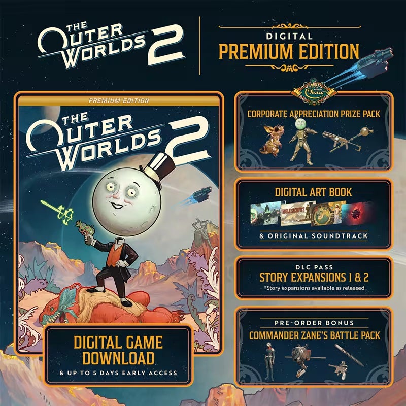 The contents of The Outer Worlds 2's premium edition, including 5 days advanced access and a digital art book. - 6