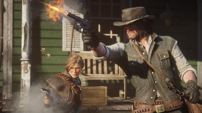 Arthur Morgan and a woman firing pistols in front of a green wooden house with a bench outside.