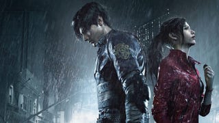 Leon and Claire stand back to back in the rain in Resident Evil 2 Remake artwork