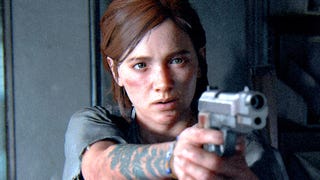Ellie holding and aiming a pistol towards the camera.