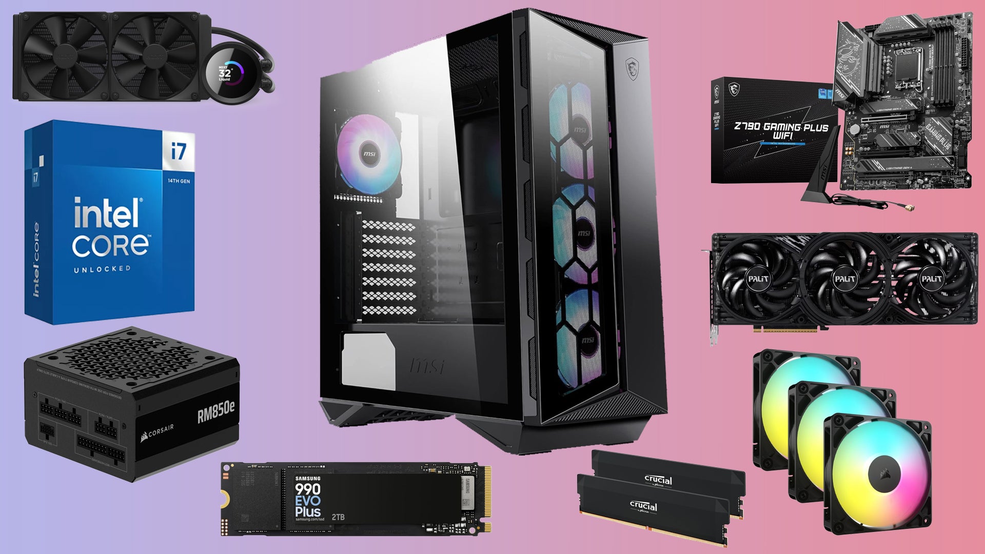 PC components on a gradient background