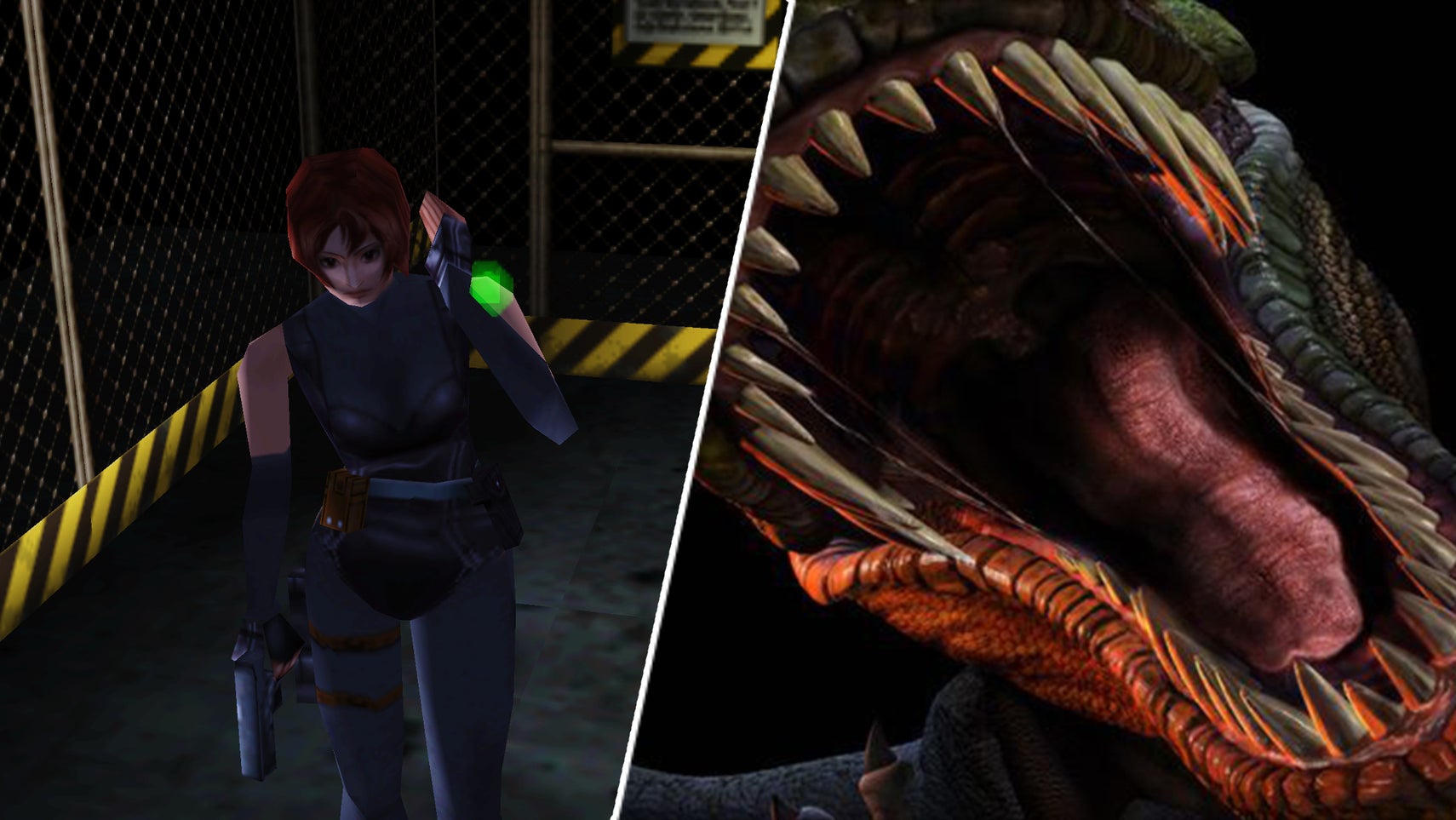 Regina in Dino Crisis next to the game's artwork of a dino going 'raaaaaagggghhhhhh'. - 1
