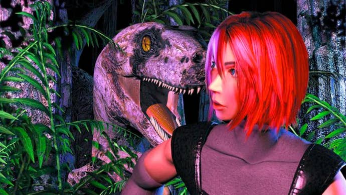 Regina is confronted by a velociraptor in Dino Crisis.