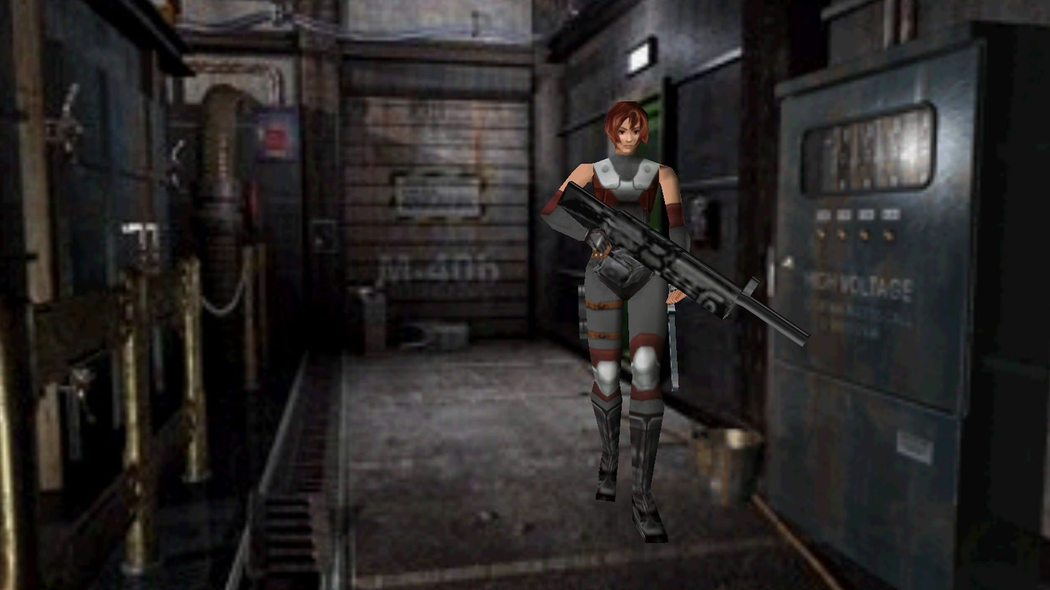 Regina stands in a hallway of machinery, which is blurry compared to her crisply rendered character. - 3