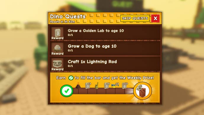 The Dino Quest menu screen in Grow A Garden, showing quests the must be completed before a Bone Blossom Seed can be acquired.