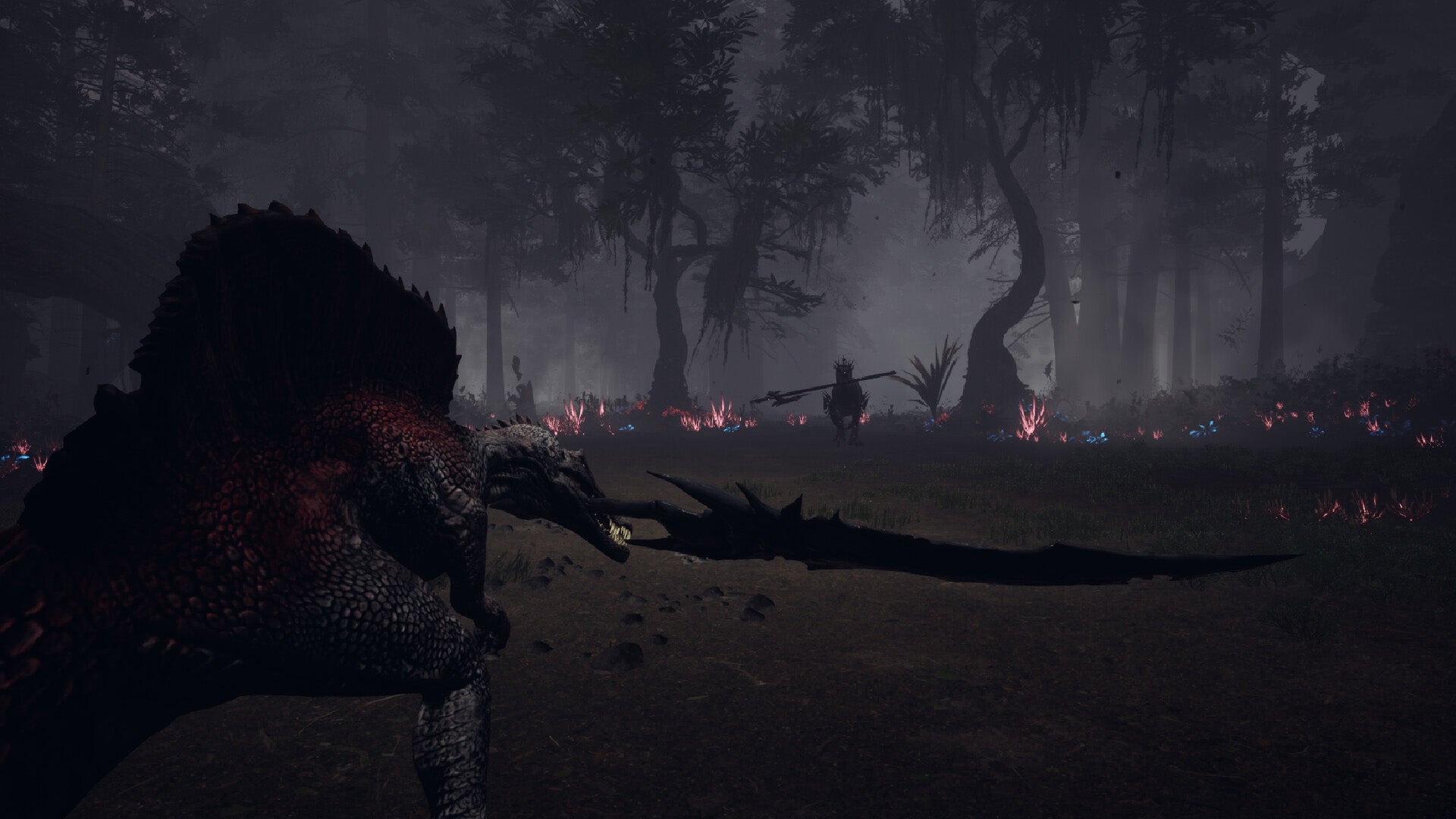 A dinosaur holding a sword in its mouth is preparing to fight a dinosaur with a halberd in its mouth in Dinoblade.