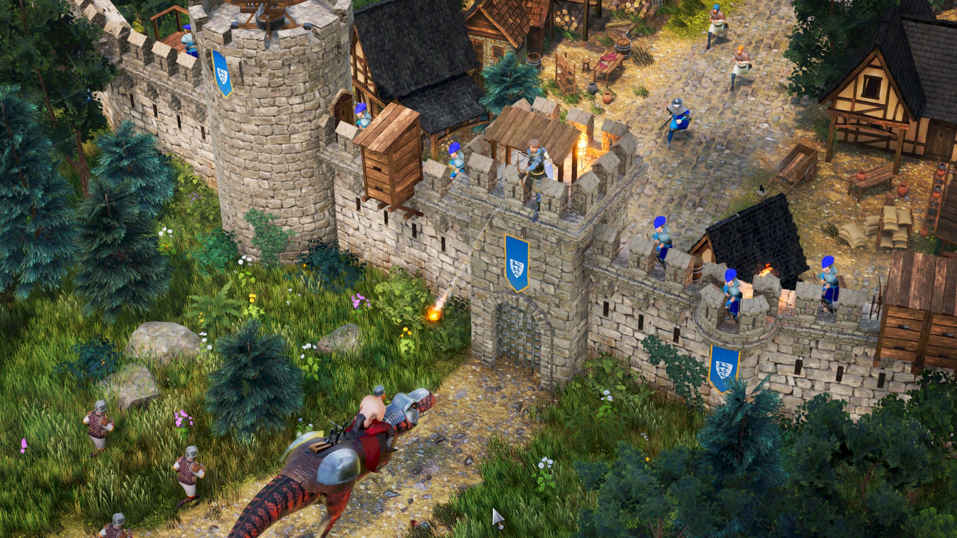A worker  riding a dinosaur towards a medieval castle during a siege successful  Dinolords.