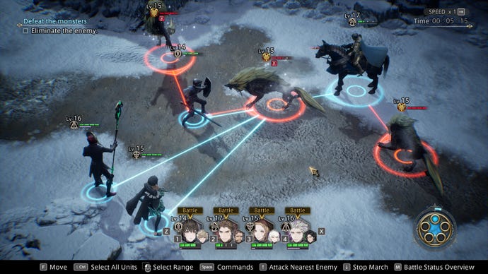 A heated battle on a snowy field in The DioField Chronicle